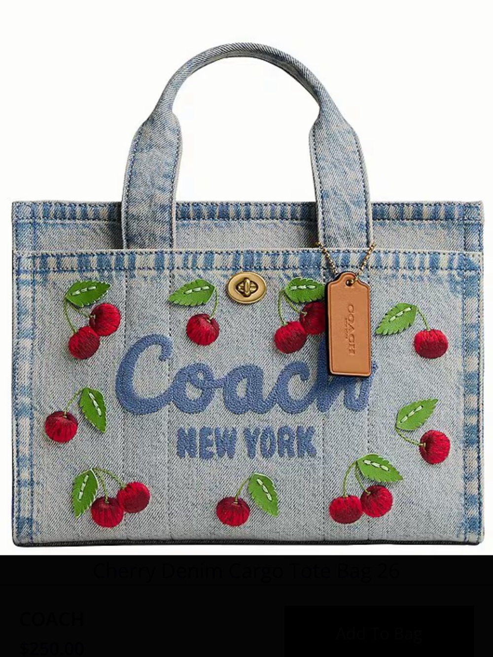 Coach Denim Tote 26 with Embroidered Cherries - Blue, Red, Green